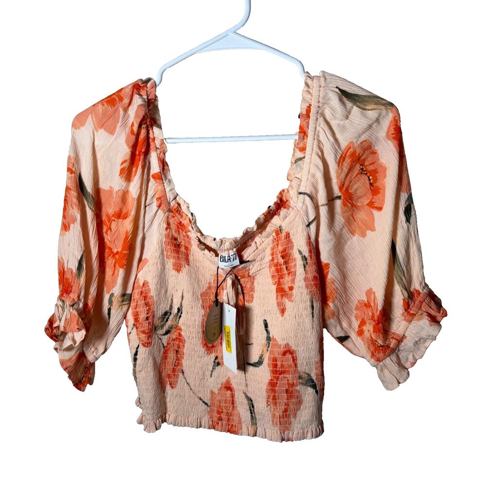 Bila 77 Top Women's Large Orange Floral Smocked Short Sleeve Cropped Top NWT